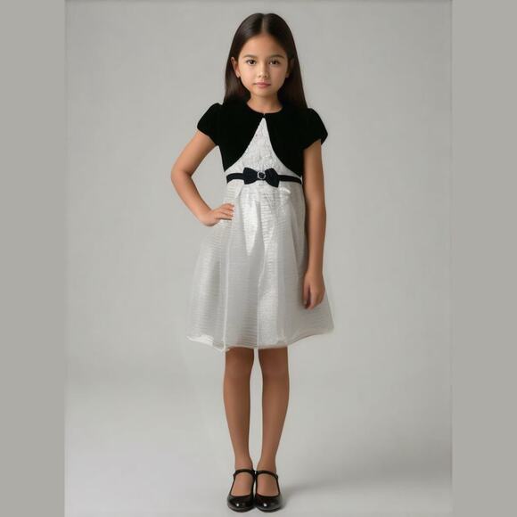 Jona Michelle Girls Dress Size 5 White Black Velour Lace Fancy Sparkle Shrug NEW - Picture 1 of 8